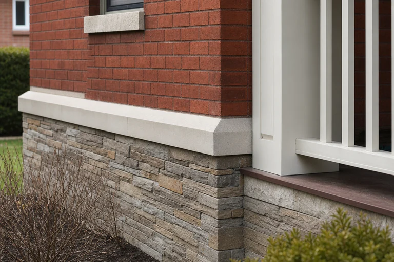Red brick wall above a limestone ledge and natural thin-stone veneer foundation beside painted porch trim