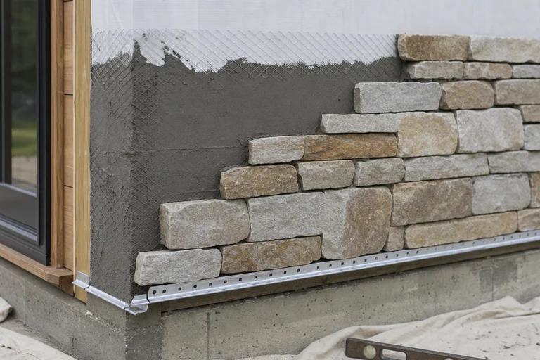 Stone veneer installation stage showing lath, scratch coat, weep screed, set stones, level, mortar, and trowel
