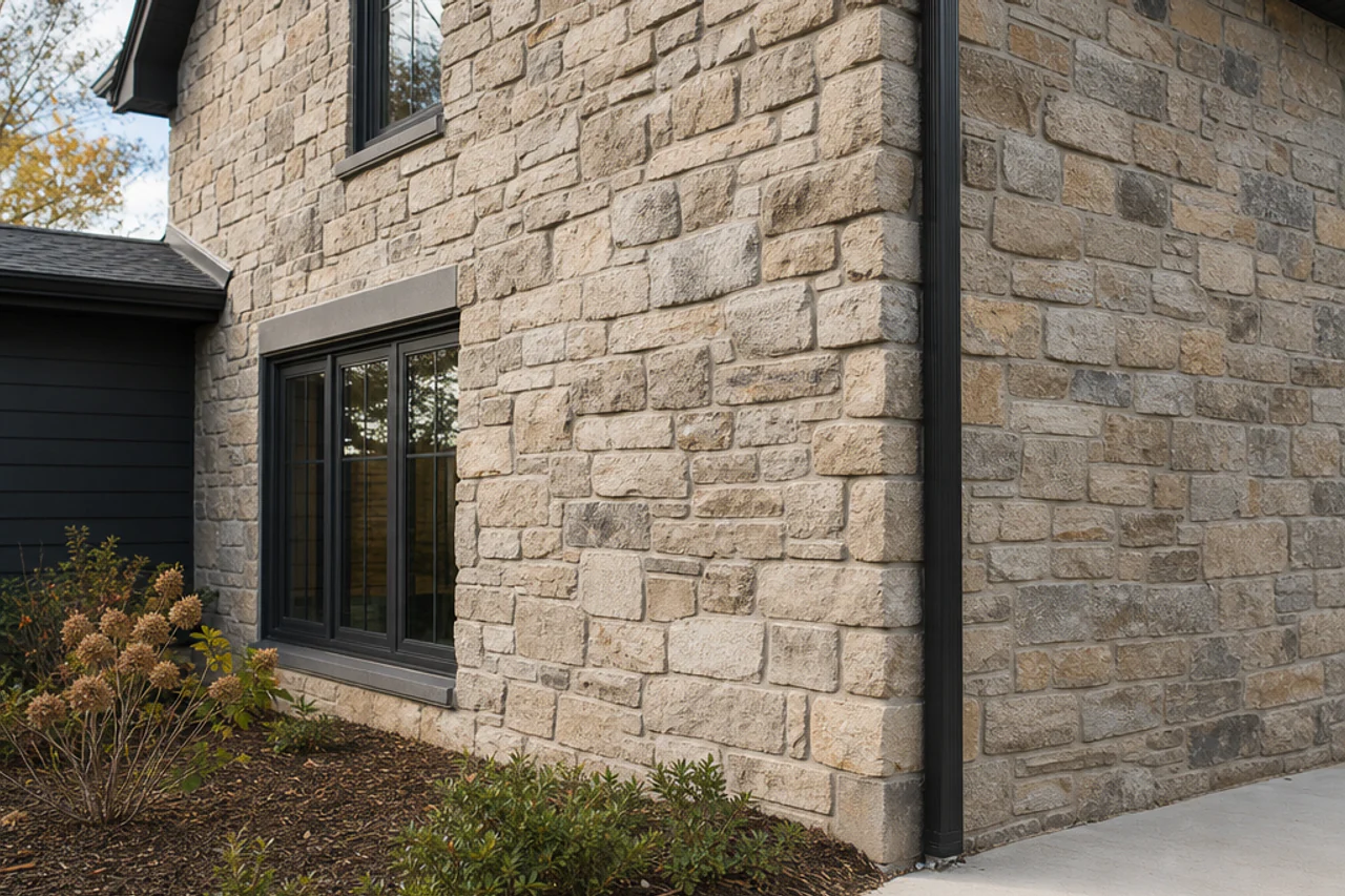 Completed natural thin-stone veneer wall with varied units, full joints, and a stable outside corner