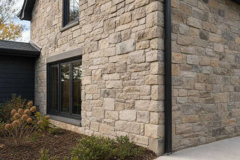 Completed natural thin-stone veneer wall with varied units, full joints, and a stable outside corner