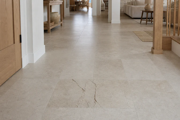 Porcelain floor tile with one localized crack crossing a grout joint and slight edge lippage