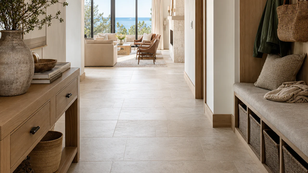 Rectangular gray porcelain tile floor in a mudroom with a clean transition toward adjacent wood flooring