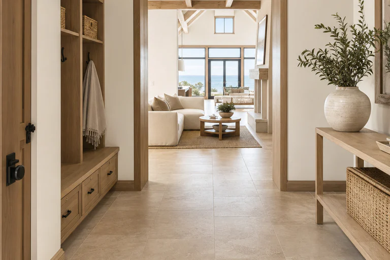 Gray porcelain tile meeting painted baseboard and an older wood stair newel at a flush floor transition