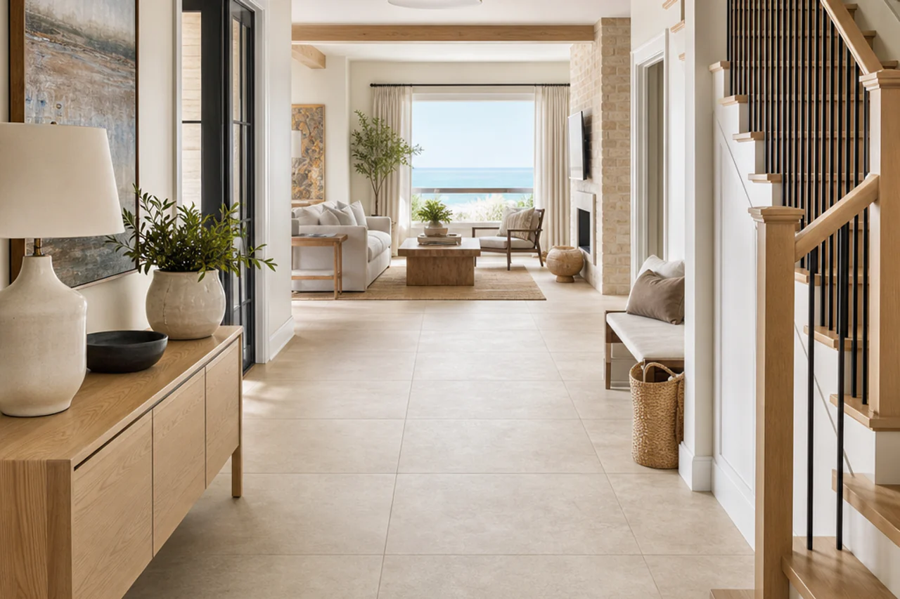 Completed porcelain tile floor with a flat plane, coherent stagger, and consistent narrow grout joints