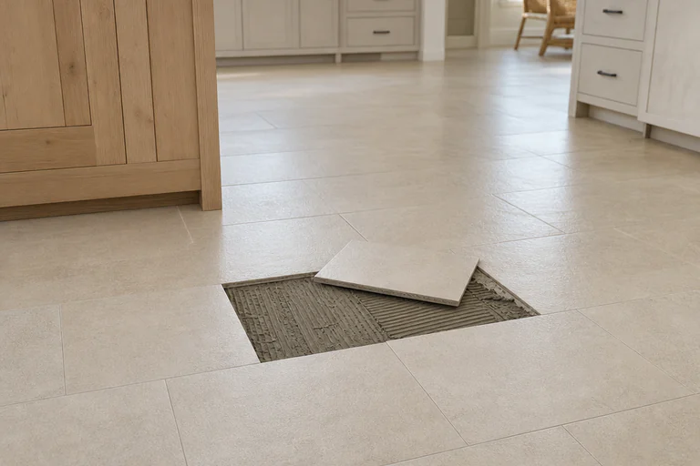 Tile floor with crumbling grout joints, a chipped tile, and one unit lifted to reveal patchy mortar coverage
