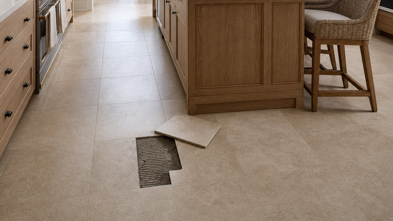 Kitchen tile floor with one tile lifted out, the mortar bed exposed, and a replacement tile staged beside sound tile