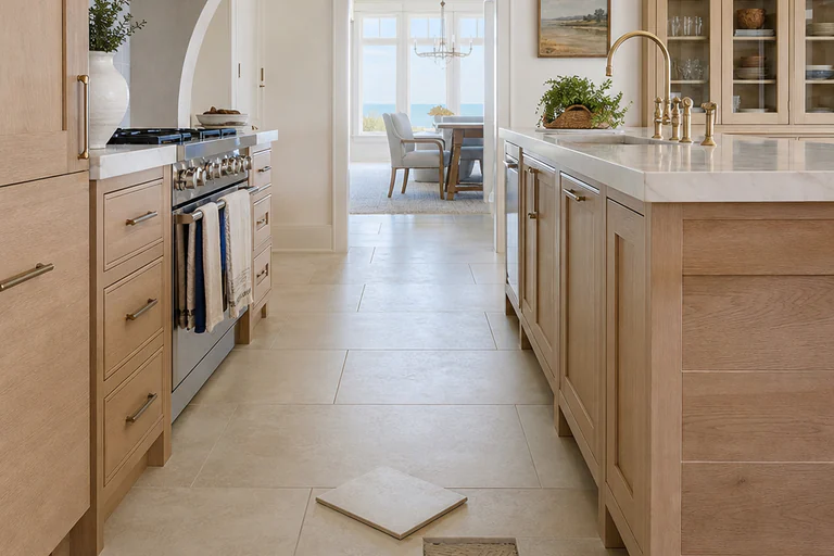Tile floor meeting a wall at a change of plane where a flexible joint replaces rigid grout