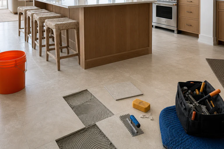 Grout repair stage with joints cleared to depth, a grout saw, oscillating blade, sponge, bucket, and float