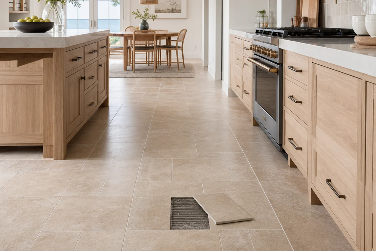 Regrouted porcelain floor with uniform joints and a flat, evenly aligned tile plane