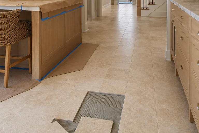 Several cracked and hollow porcelain tiles isolated within an otherwise sound warm-neutral floor