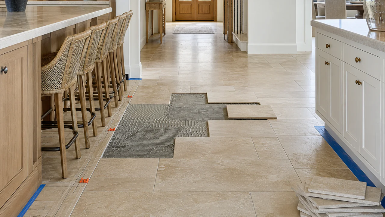 Warm limestone-look porcelain tile floor being selectively replaced in a spacious lakeshore cottage kitchen