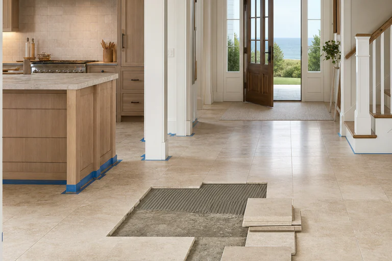 Existing porcelain tile meeting white oak flooring at a flush doorway transition