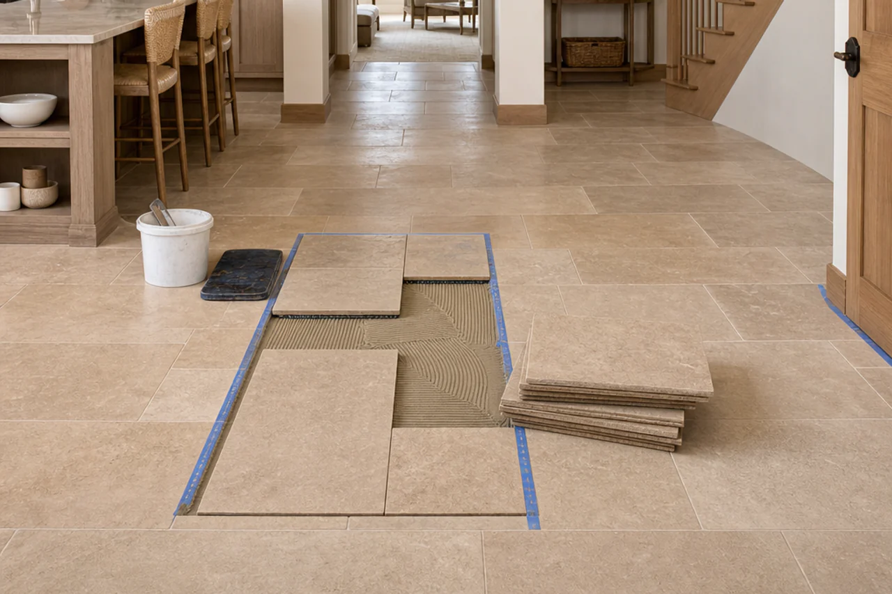 Completed warm limestone-look porcelain floor with matched replacement tiles and consistent narrow grout joints