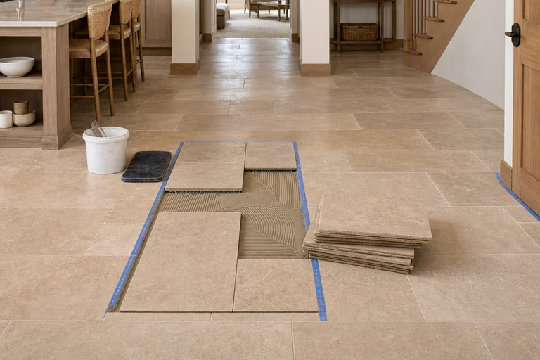 Completed warm limestone-look porcelain floor with matched replacement tiles and consistent narrow grout joints