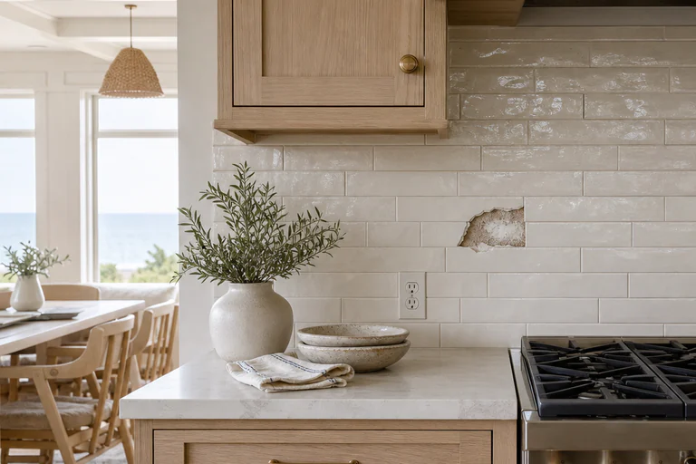 Older kitchen backsplash with localized loose tile, cracked grout, and uneven cuts around an outlet