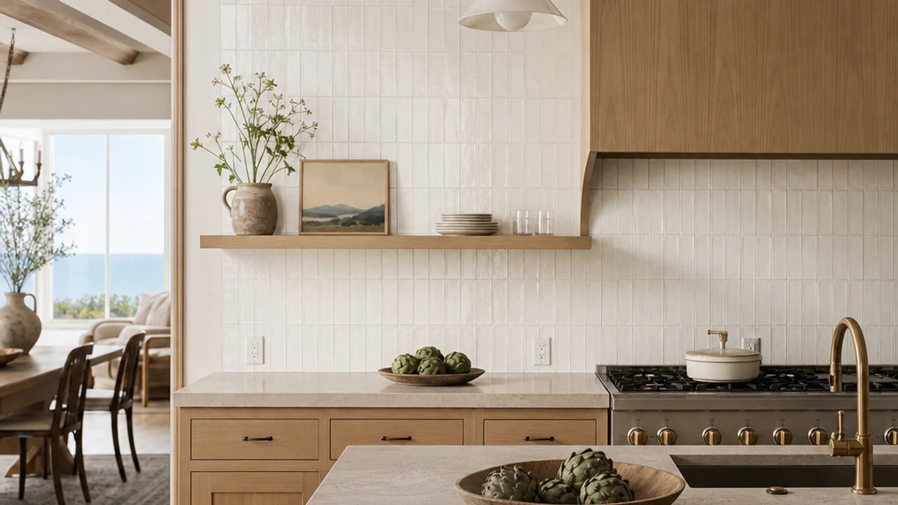 Neutral ceramic kitchen backsplash centered between wood cabinets above a stone-look counter