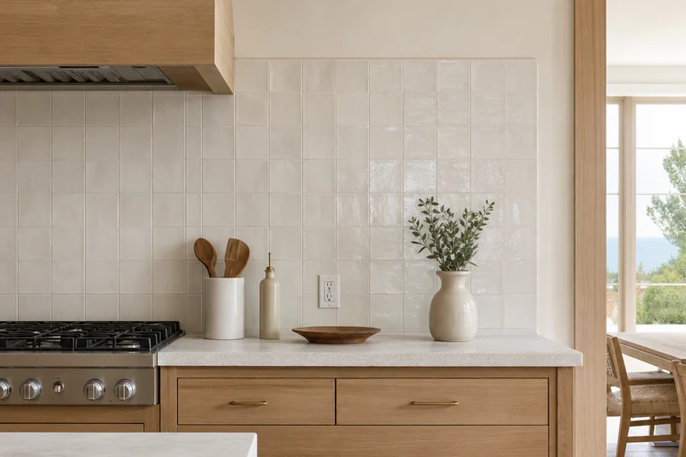 Glazed ceramic backsplash ending cleanly at a wood window casing above a dark counter