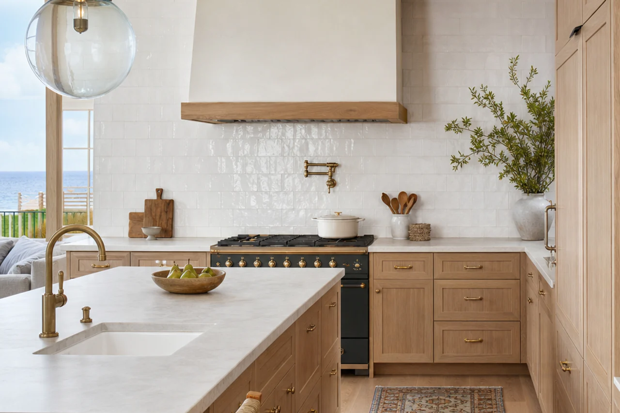 Completed ceramic backsplash with balanced square-tile layout and consistent grout joints