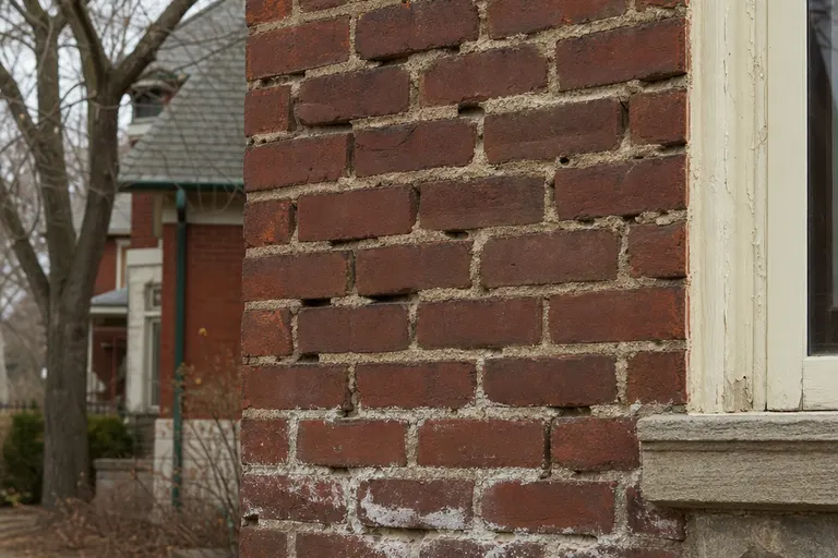 Aged brick wall with recessed, crumbling mortar joints, open voids between bricks, and efflorescence staining near the foundation