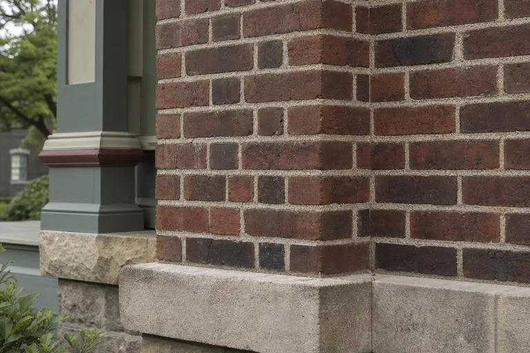 Corner of a historic brick wall showing light lime mortar joints between varied clay bricks, above a limestone cap and stone foundation