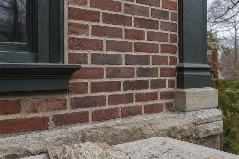 Brick wall section with joints raked out for repointing, with a pointing trowel and fresh lime mortar on a hawk resting on a drop cloth