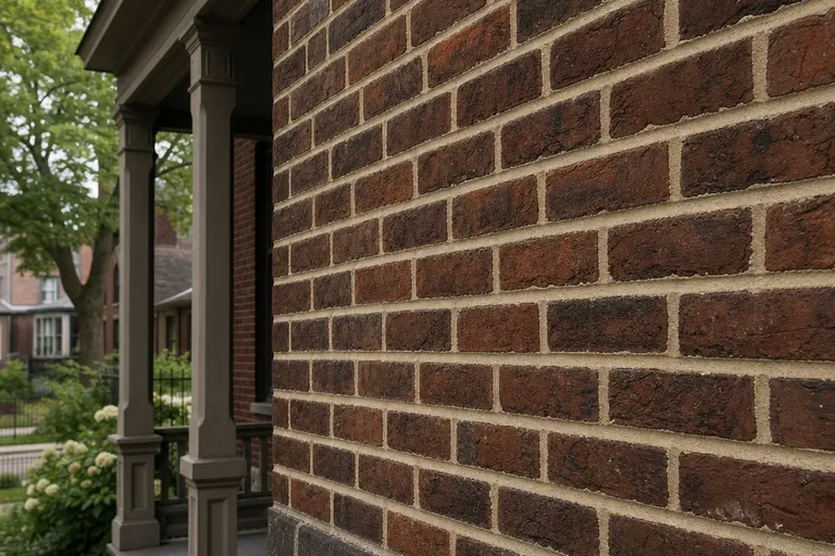Historic brick wall with repointed light mortar joints tooled to a concave profile, retaining the natural color variation of the aged brick